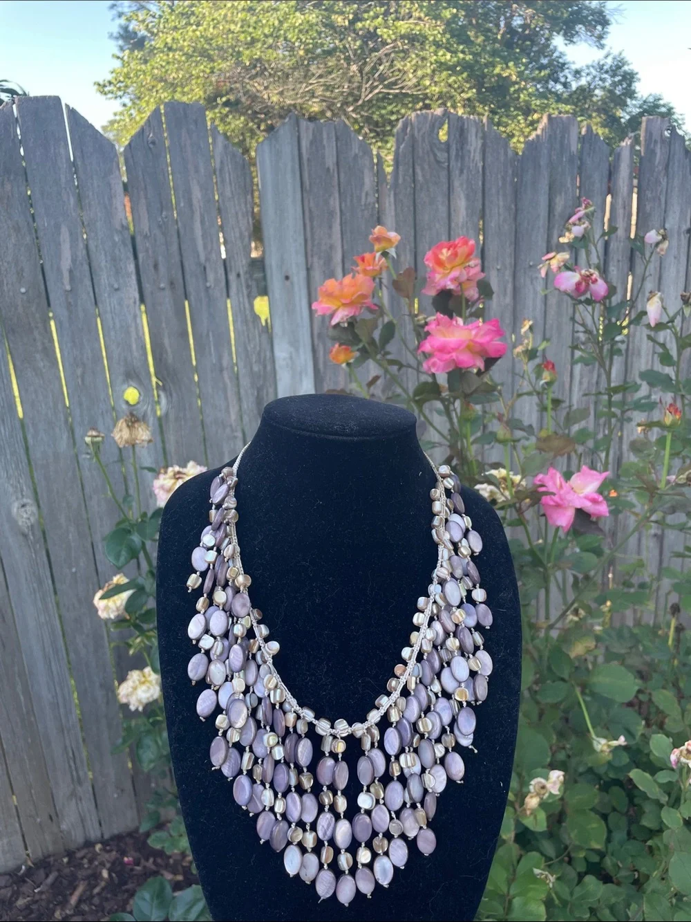 Mother of Pearl Bib Necklace purple and natural color